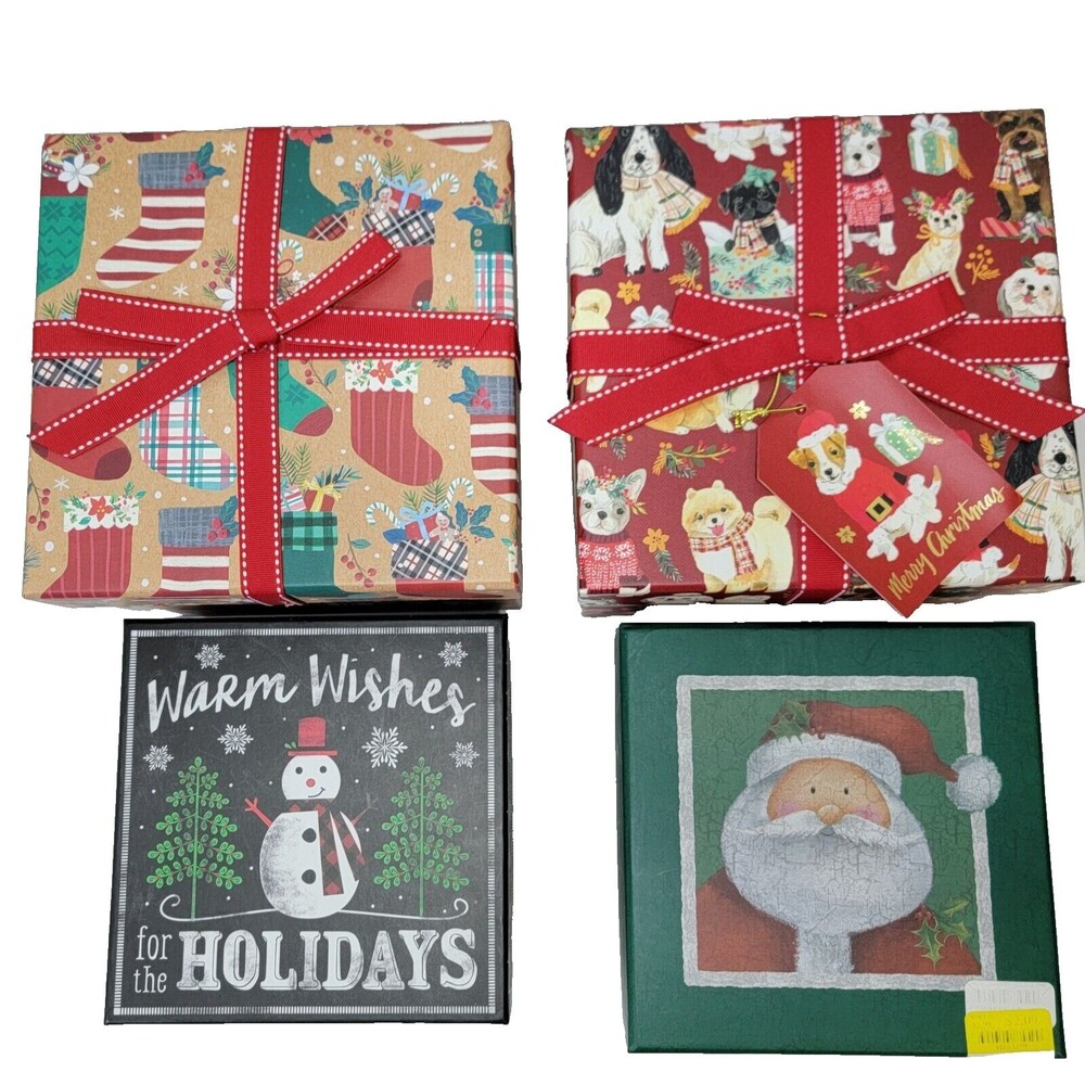 Lot of 4 Christmas Gift Wrapping Boxes Santa-Dogs-Snowman